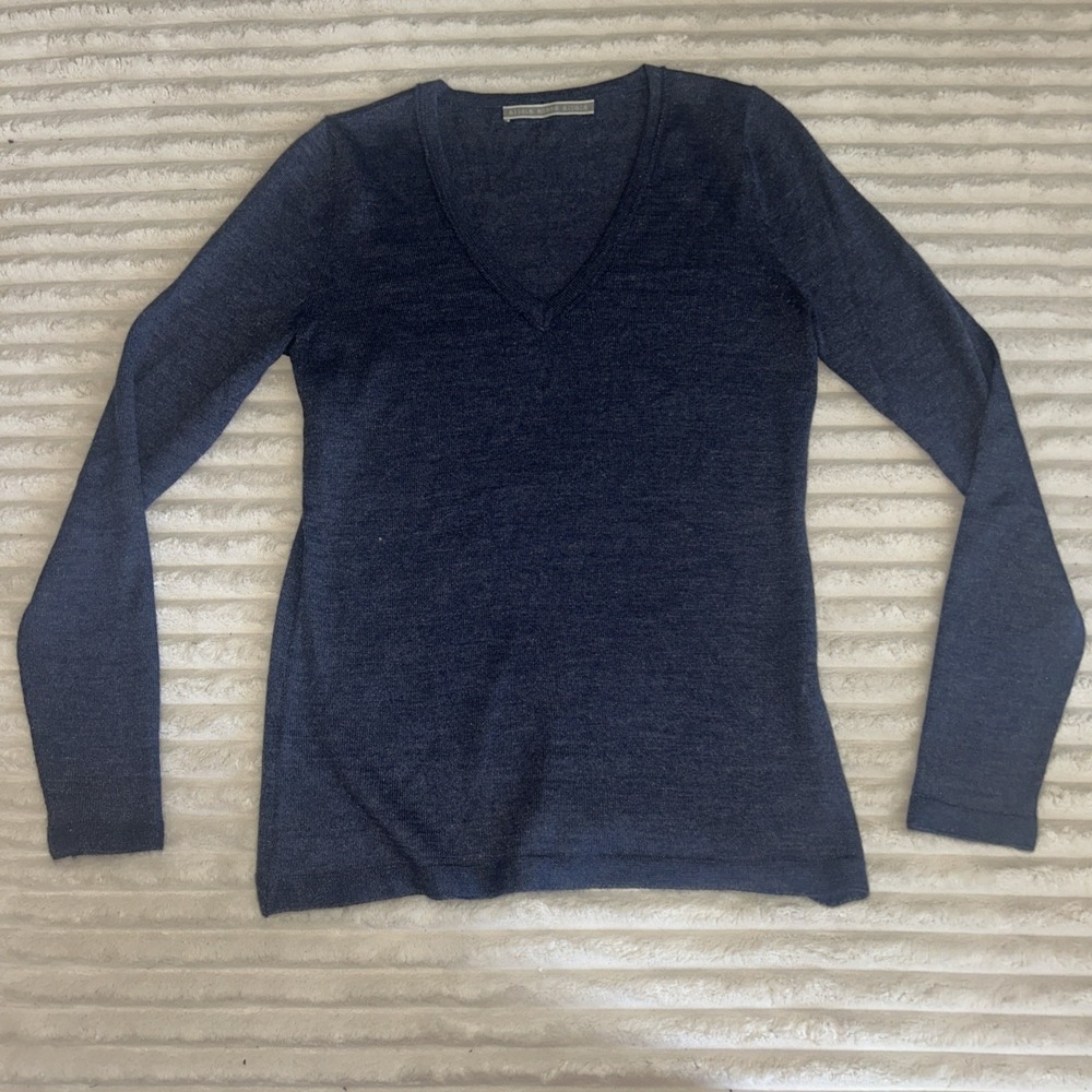 Alicia Adams Baby Alpaca Silk Sweater Top Size Xs Blue Knit V Neck Quiet Luxury